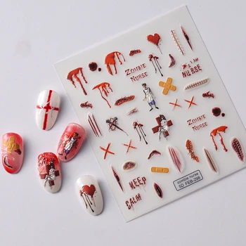 Дизайн медицински сестри-зомби хорър 5D, леко перлено бял релеф, Самозалепващи Стикери за дизайн на ноктите, Кървави рани, Стикери за Маникюр