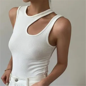 Ежедневни дамски тениска y2k е бял на цвят с изрези, тънки тениски без ръкави, дамски дрехи, 2023, летен моден съкратен топ, дамски куртки
