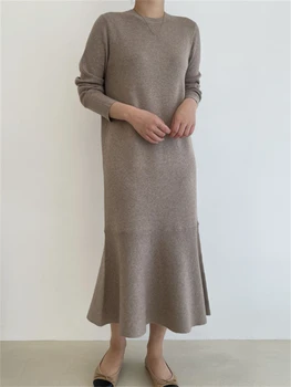 Женствена рокля-пуловер Женствена рокля Плътни зимни есенни плетени рокли с дълъг ръкав Макси Винтажное дебнещ рокля Оверсайз
