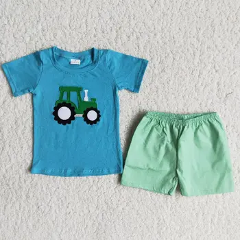 Заводска доставка ODM OEM RTS, детски летни зелени къси панталони, дрехи за малките момчета, детски комплекти за бродерия трактор
