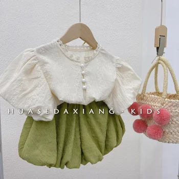 Комплект детски дрехи в Корейски Стил 2023, Пролетно-лятна риза, с кръгло деколте и ръкави-мехурчета За момичета, Ежедневни Панталони, Комплект от две части
