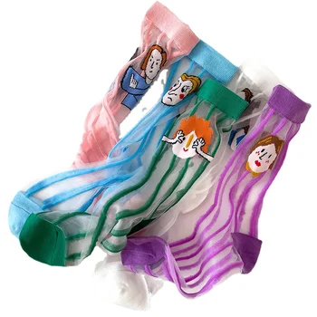 Копринени чорапи с декорация във формата на смешно човек, летни тънки прозрачни найлонови дълги чорапи, новост, чорапи с анимационни бродерия за жени лилав цвят