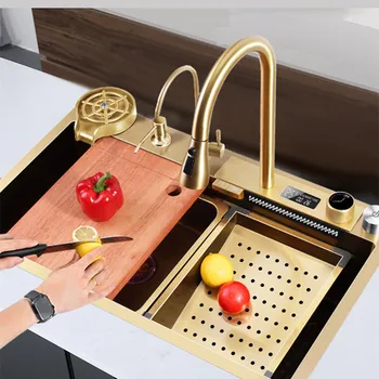 Кухненска мивка със златен Водопад от Неръждаема Стомана 304, Мултифункционален дигитален дисплей, домакински Голям единичен Слот С чашечной Хокей