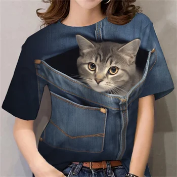 Летни дамски модни тениски с 3D принтом Коте, тениска Kawaii за момичета, Пуловер Harajuku с Кръгло деколте и Животни, Тениска с къс ръкав