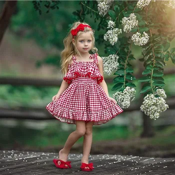 Лятна Рокля на принцеса за деца, празнично червено рокля в клетката, ежедневна рокля-пакетче, дрехи