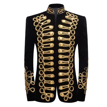 Мъжки оборудвана яке-корт с яка-устойчива, по-големи размери, velvet блейзър ръчно изработени с бродерия на черното злато, с костюм певица за нощен клуб