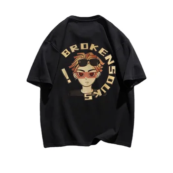Мъжки памучен тениска с изображение на анимационни герой, лятна риза в стил хип-хоп с къс ръкав, свободна тениска с аниме принтом, градинска облекло Harajuku, тениска Оверсайз 2023