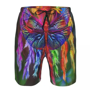 Мъжки плажни шорти Rainbow Dragonfly Dream Catcher, быстросохнущий бански за фитнес, забавни улични 3D късометражни филми