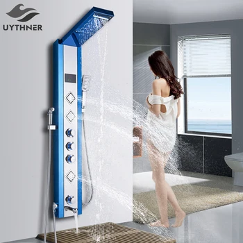 Нов луксозен син матиран смесител за душ в банята, led душ-панел, колона, смесител за Баня, кранове, за да се подвижен душ, Температурата екран