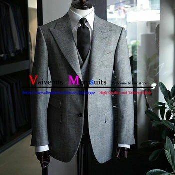Приталенные мъжки бизнес костюми в сиво клетка, ушити по поръчка, Мъжки костюм на младоженеца, смокинги, 3 предмет (блейзър + жилетка + панталони), ежедневни офис яке