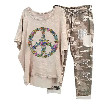 Пролетно-летния свободен жена комплект от две части, 1 комплект, тениска, панталони, камуфляжный дантела, Свободна засаждане, асиметричен облекло, градинска облекло