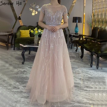 Розови Луксозни вечерни рокли трапецовидна форма, бродирани с мъниста, с пайети, 2023, Дубайское вечерна рокля с кръгло деколте и къси ръкави Serene Hill LA70580