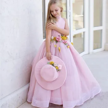 Розови рокли на цветчета за момичетата с високо воротом, без ръкави, с дължина до пода, топката празнична рокля за по-малките момичета за рожден Ден, сватба, Кръщене