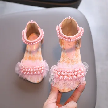 Сандали за момичета; Лятна Мода Обувки Принцеса с Перлата на Дантела върху плоска подметка; Детски Плажни Сандали На Ток; Обувки За Момиченца