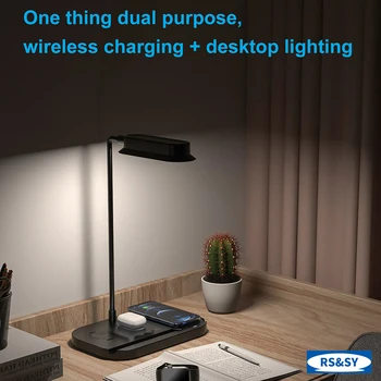 Светодиодна настолна лампа с безжично зареждане QI, 3-в-1, 15 W, защита за очите, сгъваема настолна лампа, USB-титуляр, лампа за четене с безконтактен синя светлина