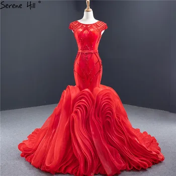 Секси Сватбени рокли с кръгло деколте в стил на червения Русалка 2023, Сватбени рокли без ръкави, бродирани с мъниста и пайети, Serene Hill HM66926