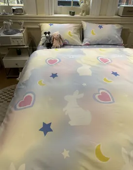 Сладък комплект спално бельо с изображение на заек и звезди от анимационен филм 
